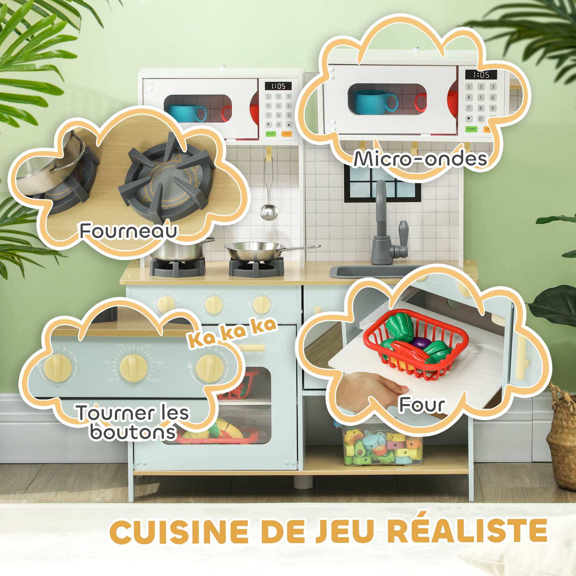 Cuisine enfant - jeu d'imitation cuisine en bois - micro-ondes, four, évier, plaques cuisson - 5 accessoires