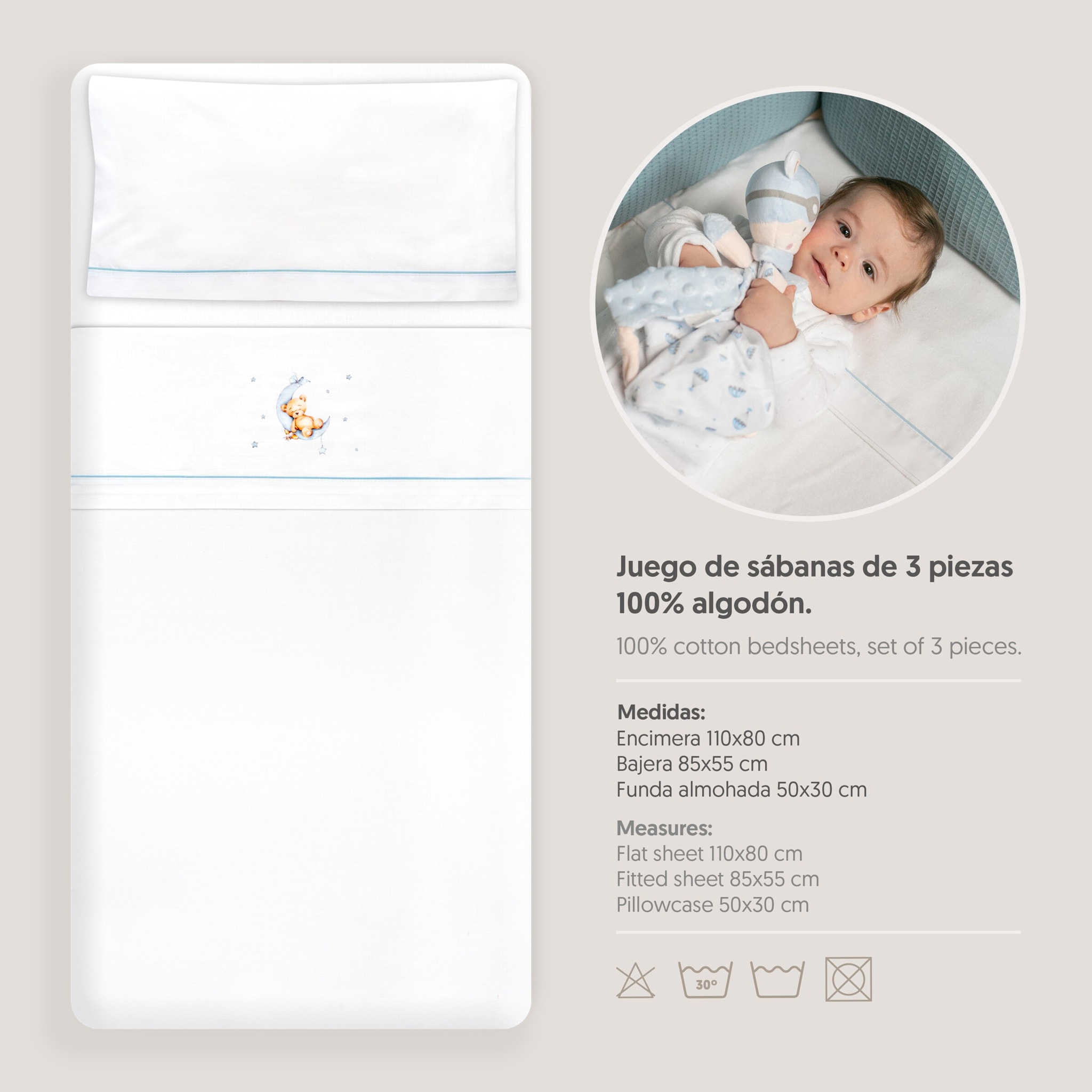 Triptico Minicuna Estampado Oso Luna Estrellas Bco/Azul