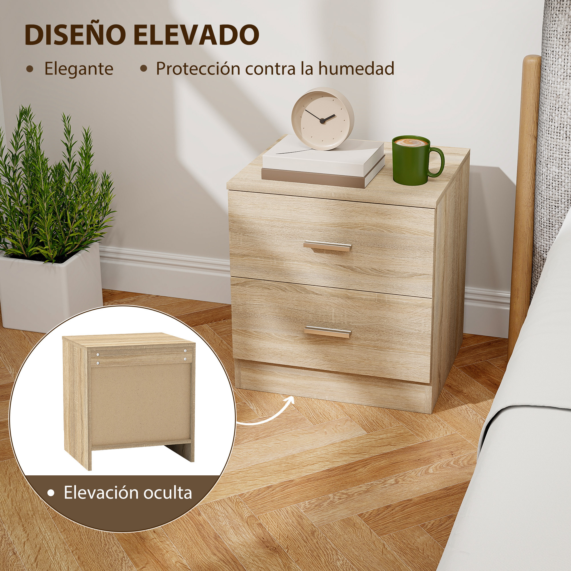 Mesita de Noche Moderna Mesilla de Noche con 2 Cajones Mesita Auxiliar para Salón Dormitorio Carga 30 kg 45x39,5x49 cm Natural
