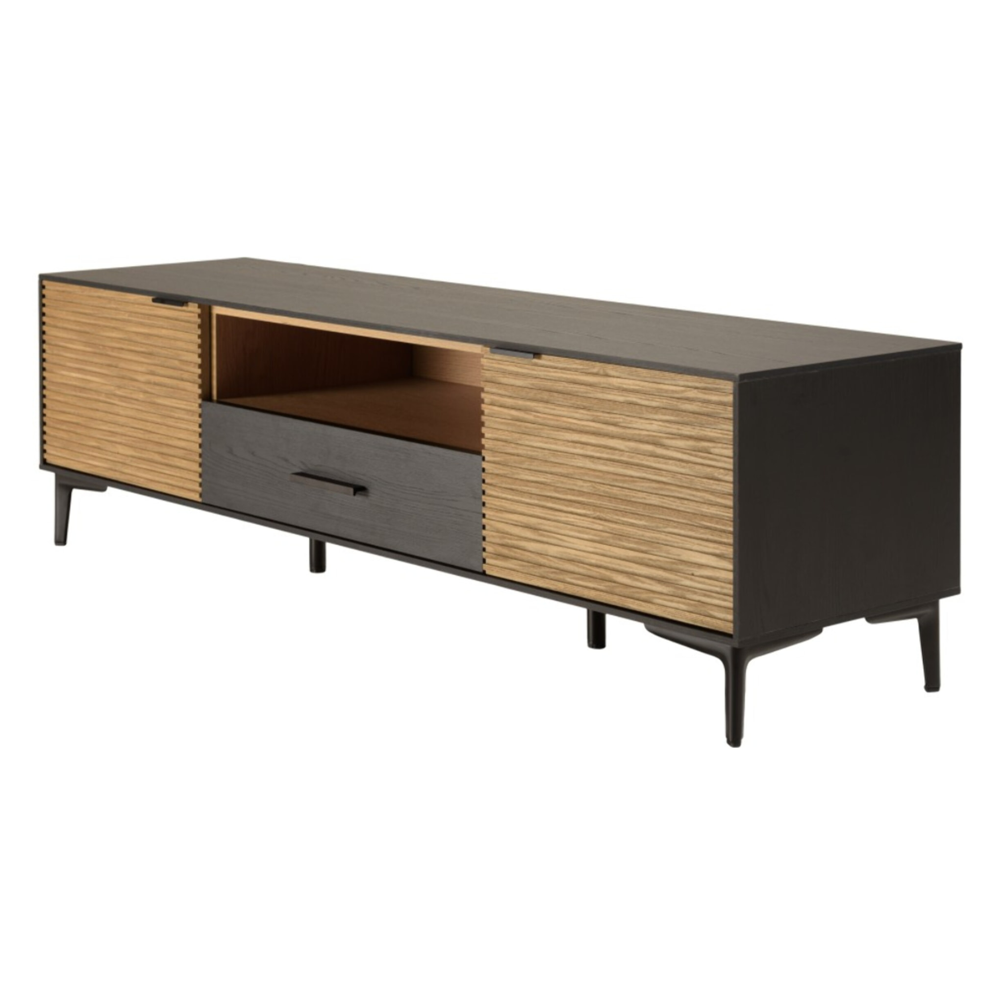 CHARLIE - Meuble TV marron, noir 2 p. 1 tiroir 1 niche Pin pieds métal