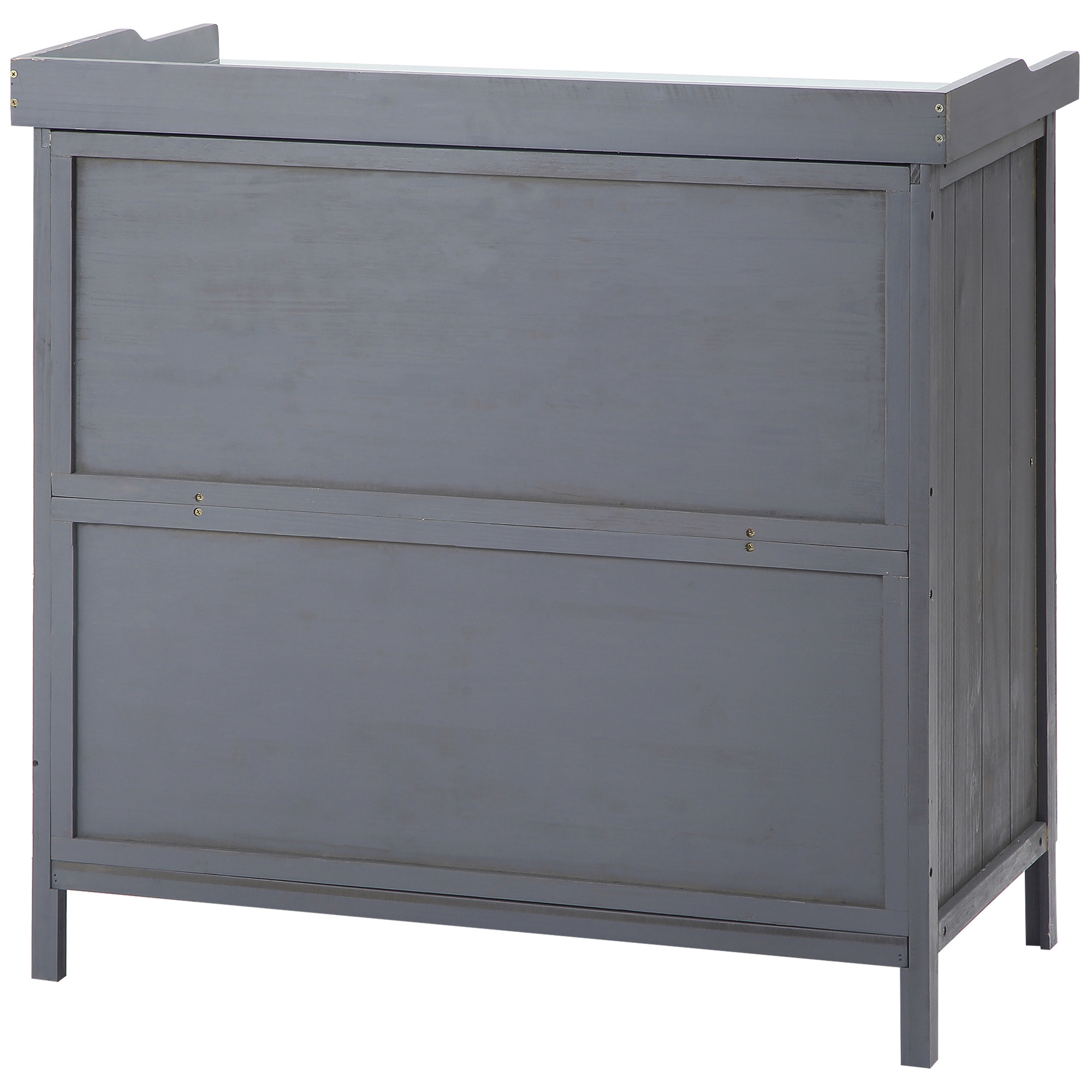 Armoire de rangement de jardin sur pied, table de rempotage 2 en 1 double porte, étagère, plateau métal galvanisé - bois sapin gris