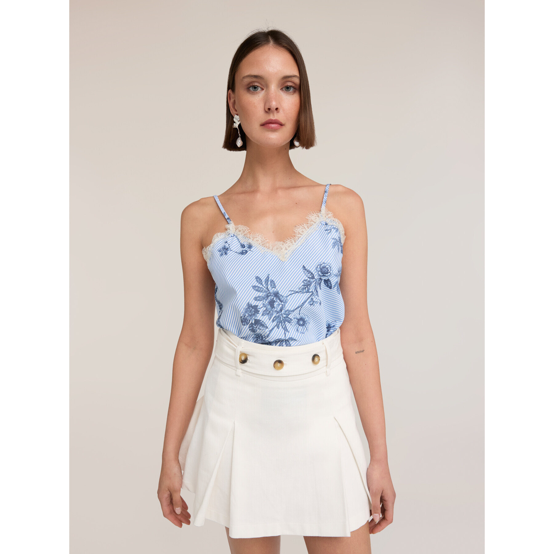 Motivi - Top de rayas con encaje y estampado floral - Light - blue