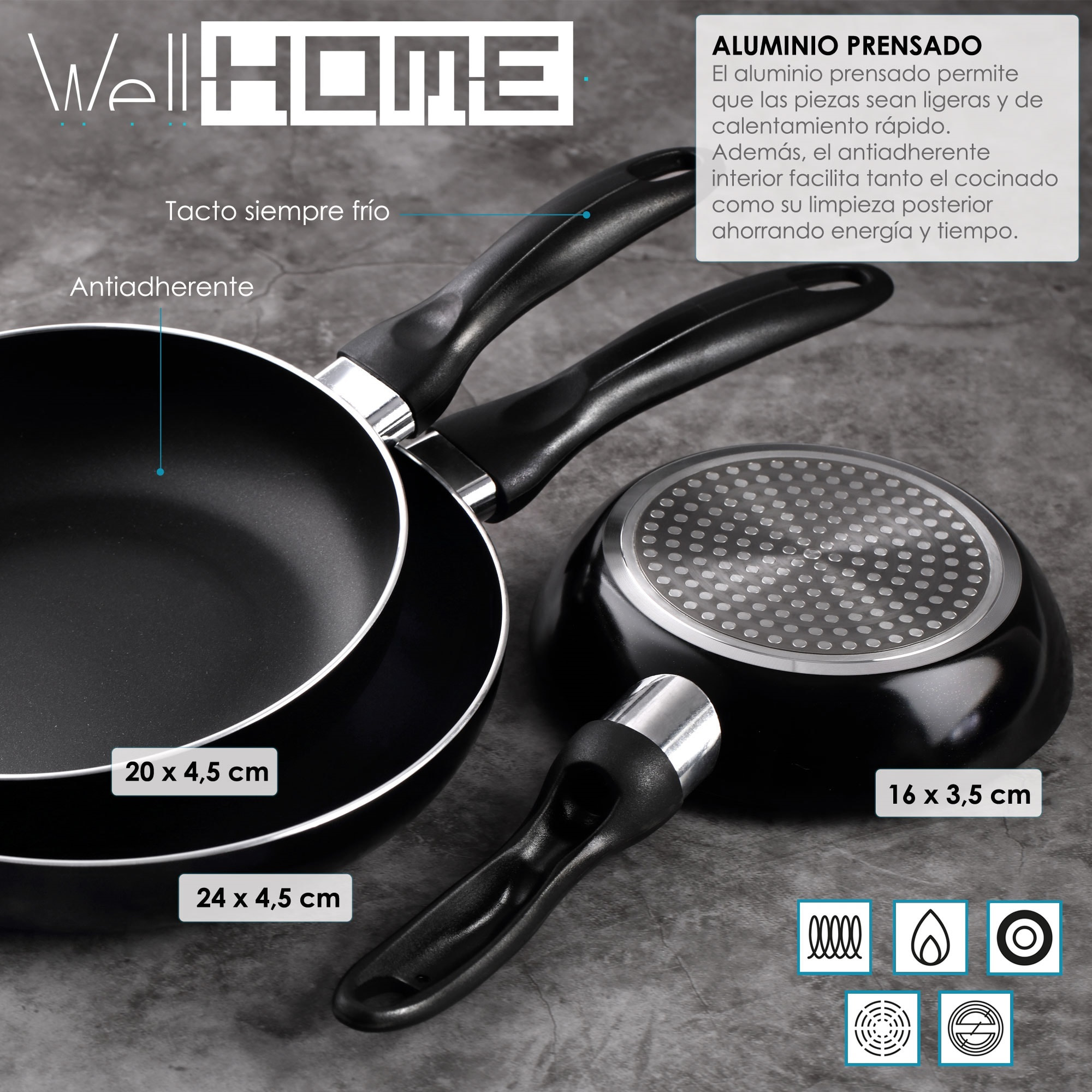 set de batería de cocina de 5pc en acero inoxidable + 3 sartenes ø16ø20ø24cm negro en aluminio prensado