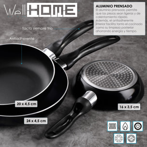 set de batería de cocina de 5pc en acero inoxidable + 3 sartenes ø16ø20ø24cm negro en aluminio prensado