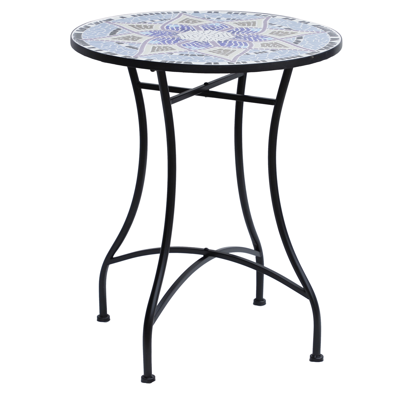 Table ronde style fer forgé bistro plateau mosaïque motif fleur métal époxy anticorrosion noir céramique