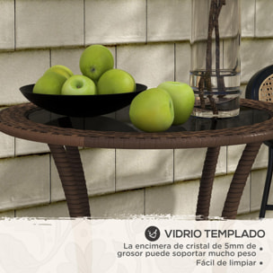 Mesa de Ratán Redonda Ø64x71 cm Mesa de Jardín con Estante Marco de Acero y Tablero de Vidrio Carga 50 kg para Terraza Patio Marrón