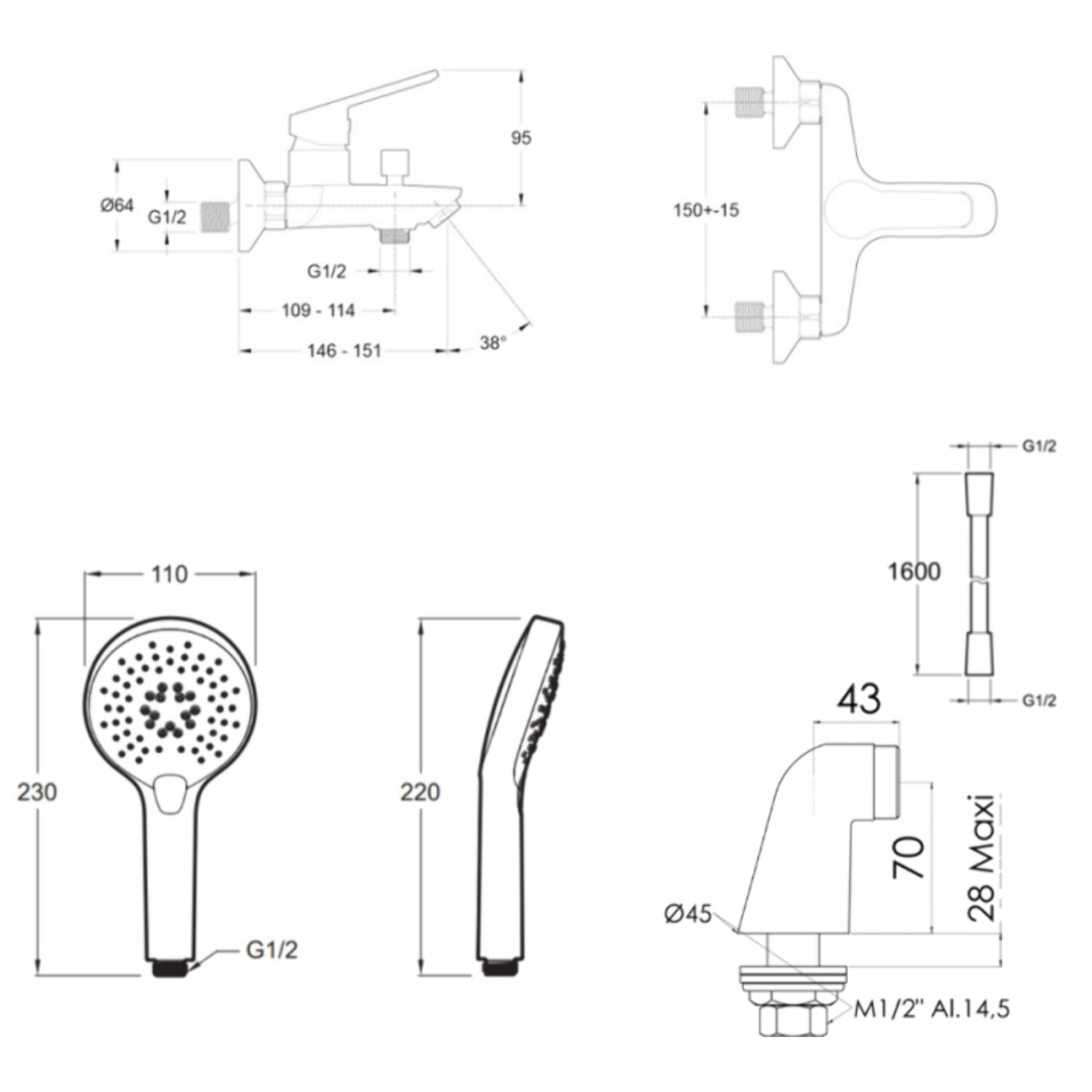 Mitigeur baignoire Aimé + pommeau de douche Metro + flexible de douche lisse + colonnettes