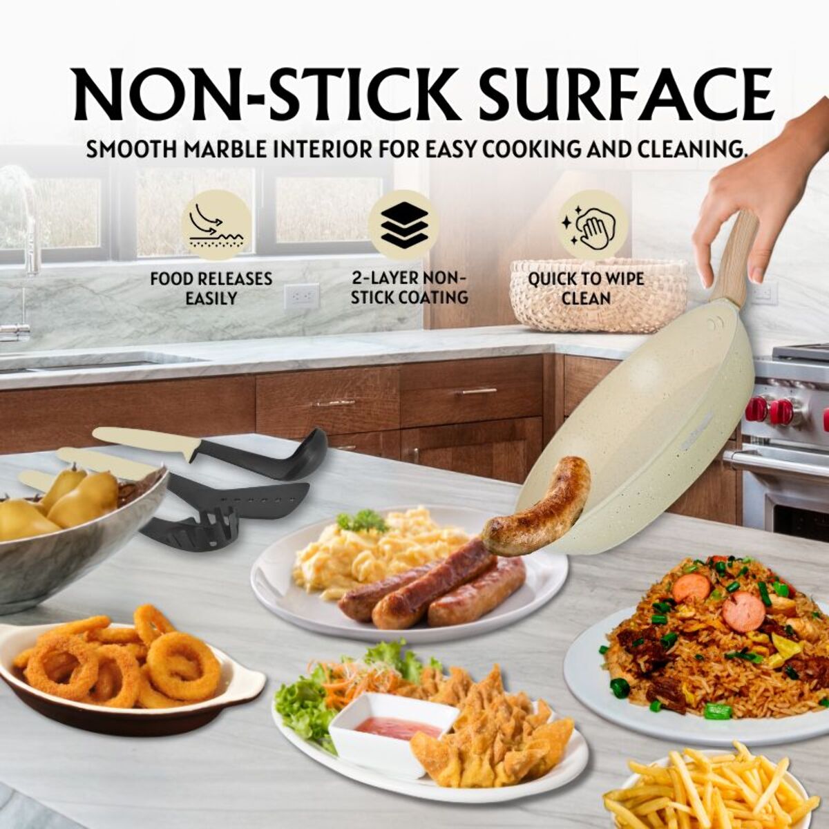 Batterie de cuisine 15 pièces avec revêtement en granit et manche en Bois Noir Herzberg beige HGWDBEJ15-BEI