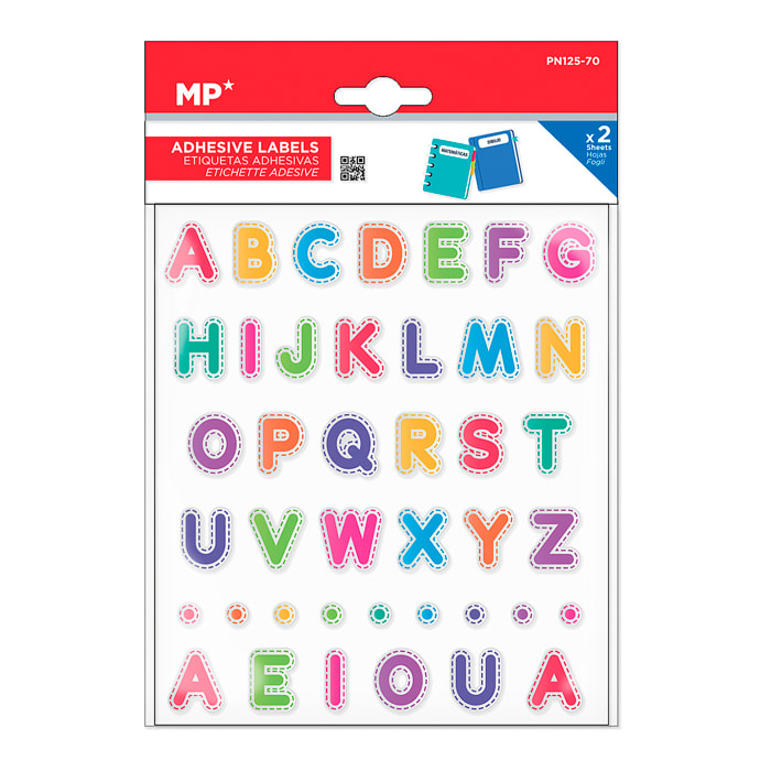PACK 24 UNIDADES ETIQUETAS ADHESIVAS PERSONALIZABLES DECORADAS DISEÑO ABECEDARIO Y VOCALES