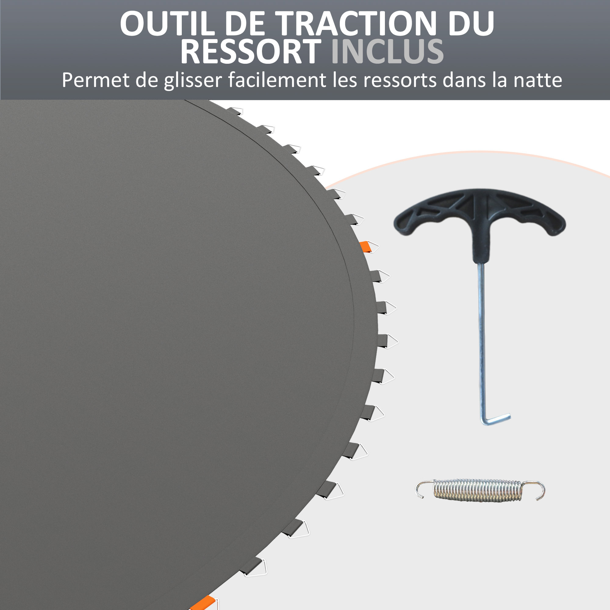 Tapis de rechange trampoline Ø 3,7 m ressorts 14 cm outil 72 crochets en V inclus blanc noir