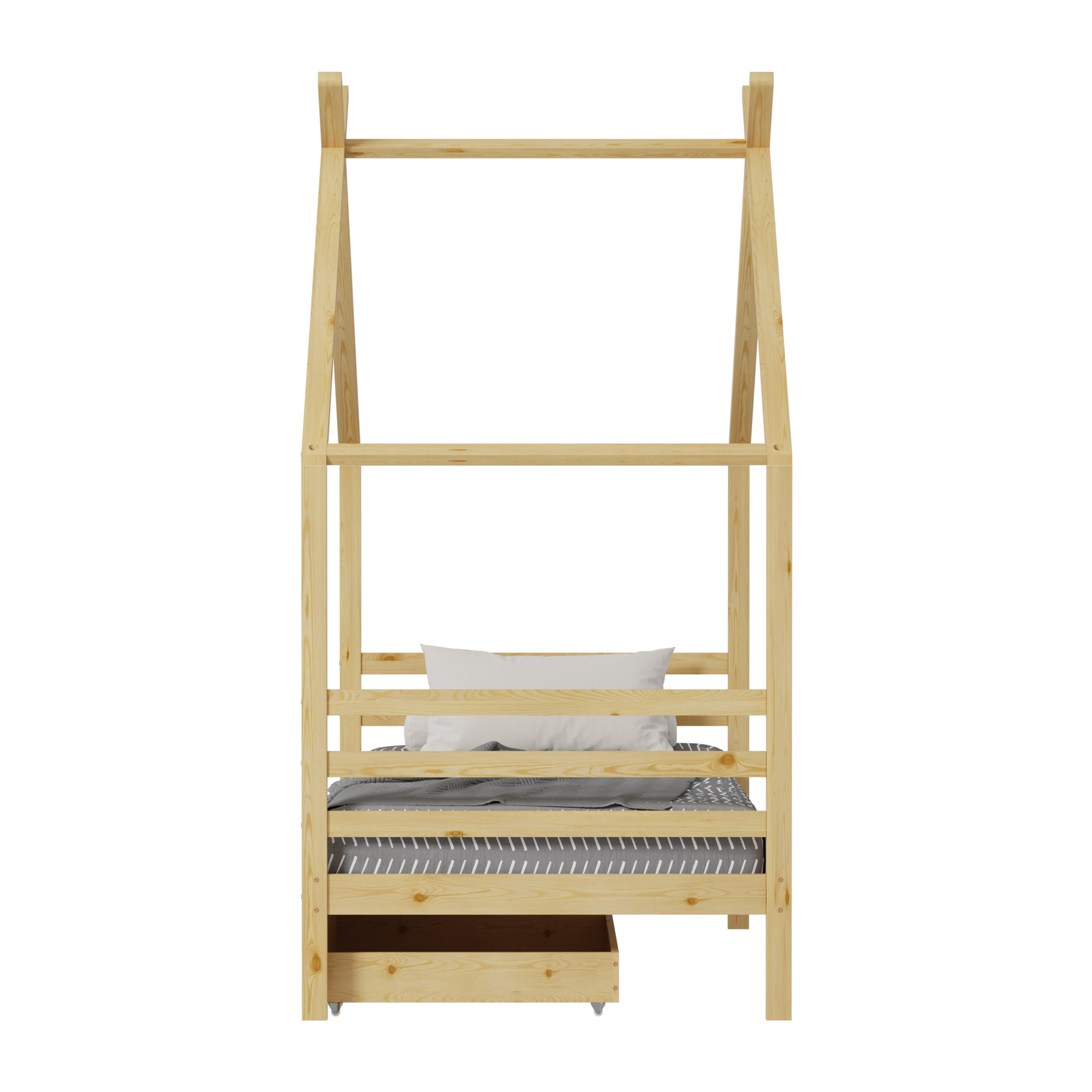 Lit Cabane Bambino, couchage 90x190 cm, Bois de Pin Naturel, Sommier inclus, Avec 2 Tiroirs de rangement