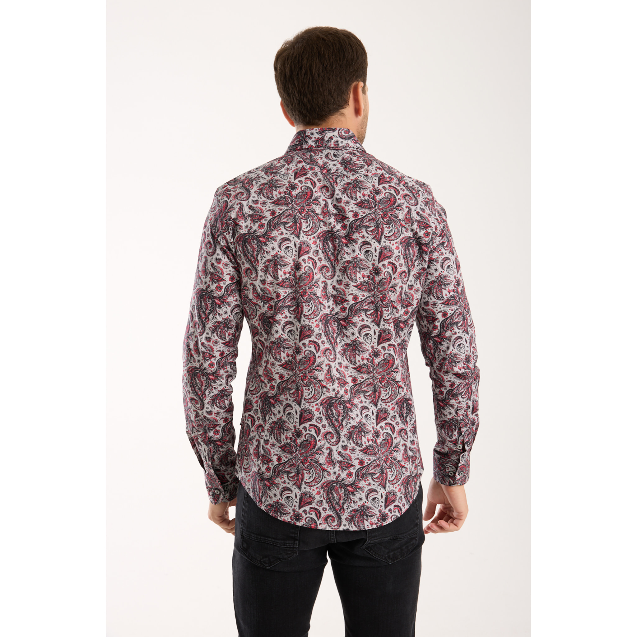 Camicia Uomo 1 Bottone Francese Slim Popeline Stretch Stampato Grigio Chiaro e Rosso