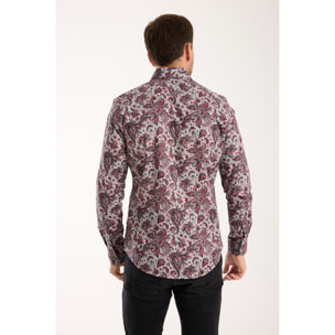 Camicia Uomo 1 Bottone Francese Slim Popeline Stretch Stampato Grigio Chiaro e Rosso