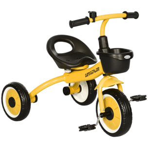 Tricycle enfant multi-équipé garde-boue sonnette panier pédales antidérapantes siège réglable avec dossier métal jaune