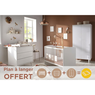 Chambre bébé 3 pièces Milann, Lit bébé 120x60, Commode à langer et armoire 2 portes