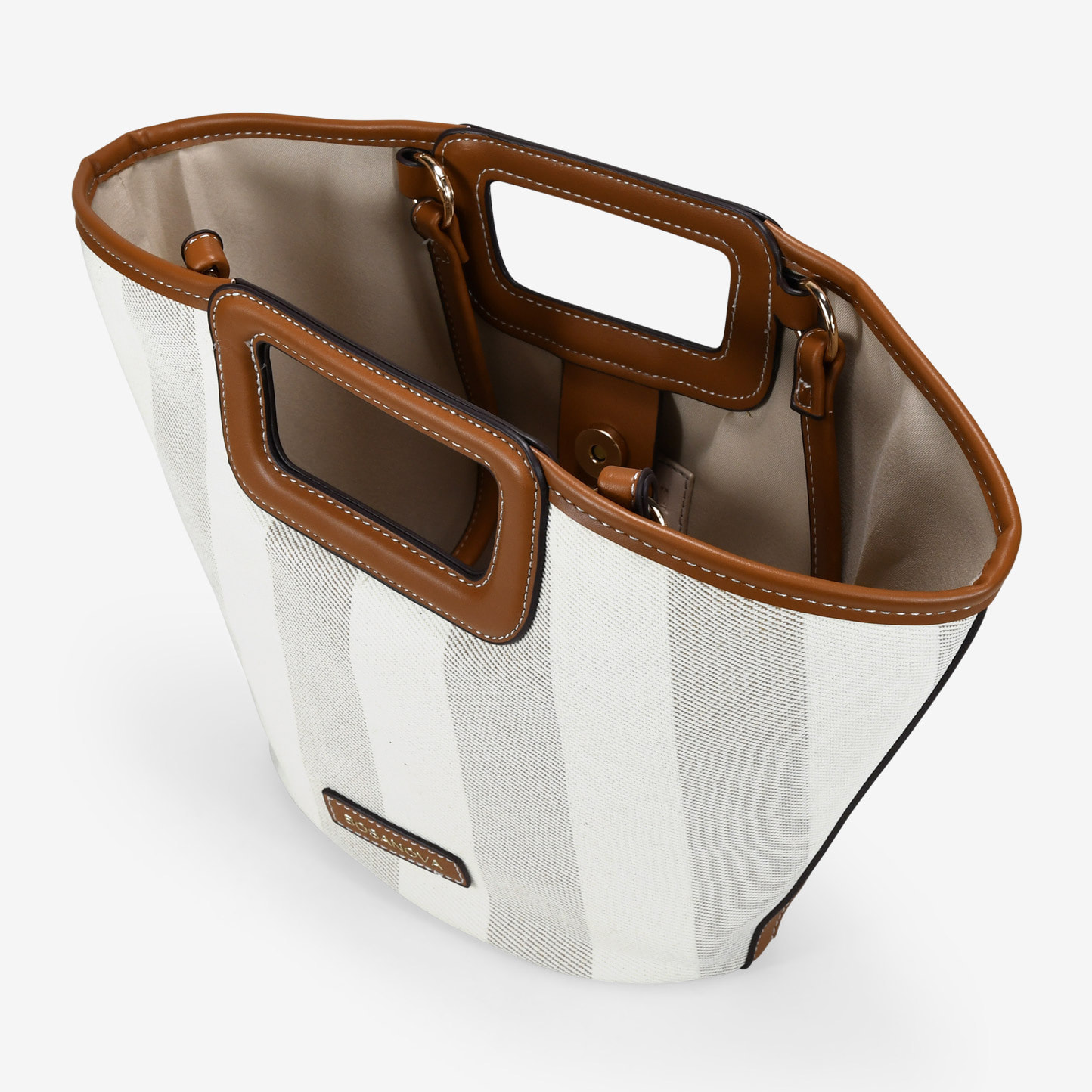 Bolso capazo cuero con canvas rayado