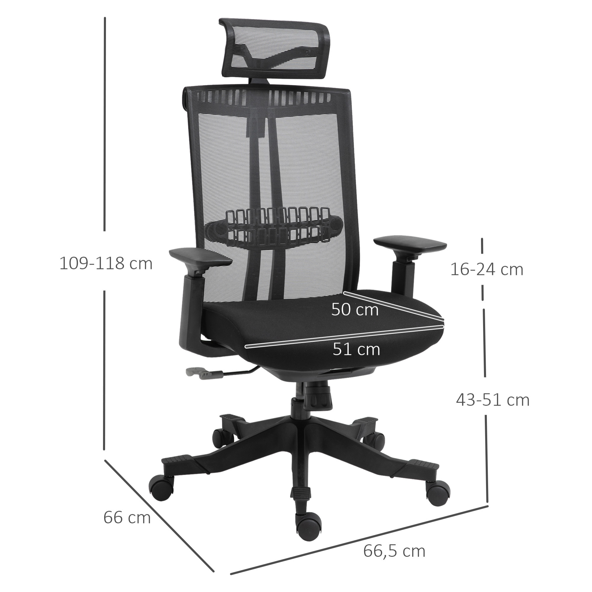 Vinsetto Silla de Oficina Ergonómica Silla de Malla Giratoria y Reclinable con Altura Ajustable Reposabrazos Reposacabezas y Soporte Lumbar Regulable 66,5x66x109-118 cm Negro