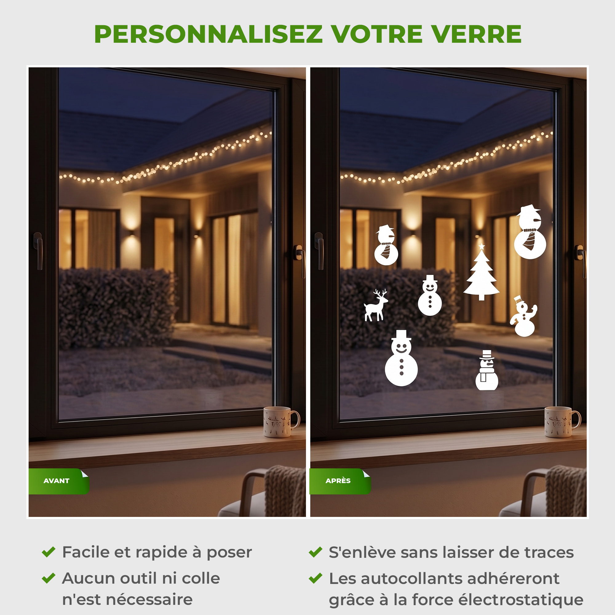 Stickers électrostatiques bonhommes de Noël - Autocollants adhésifs fenêtres noël - décoration fêtes