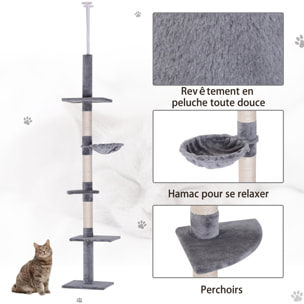 Arbre à chat poteau à griffer L40 x l 34 x H 230-260 cm 5 niveaux d'activités gris