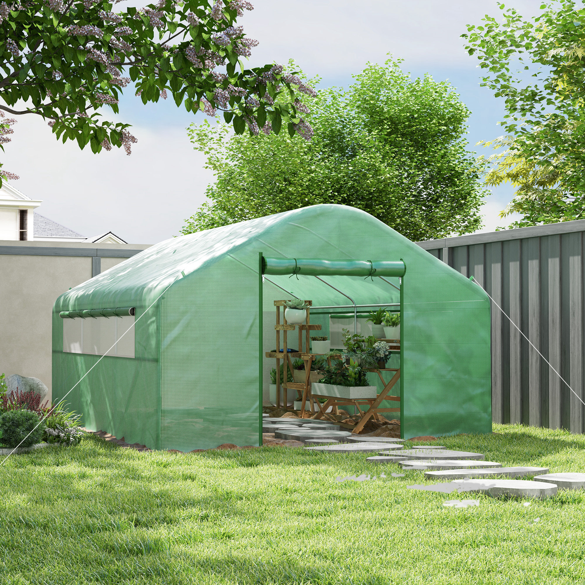 Serre de jardin 12 m² - serre tunnel 4 x 3 x 2 m porte 2 grandes fenêtres enroulables maillées acier galvanisé PE blanc