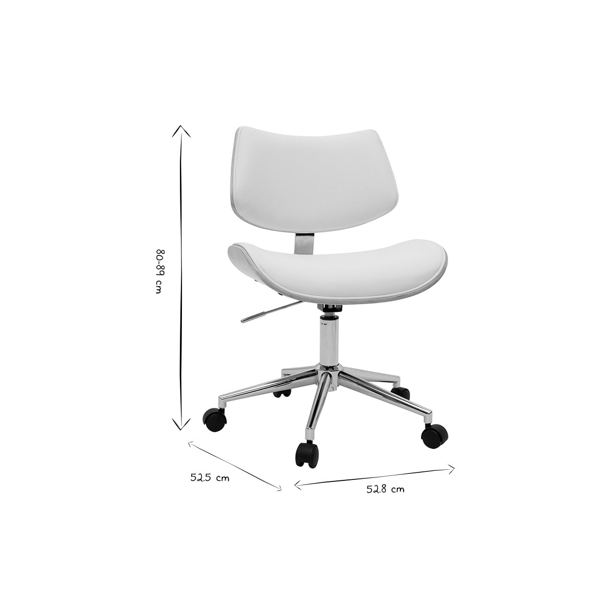 Chaise de bureau à roulettes design blanc, bois clair chêne et métal MALMO