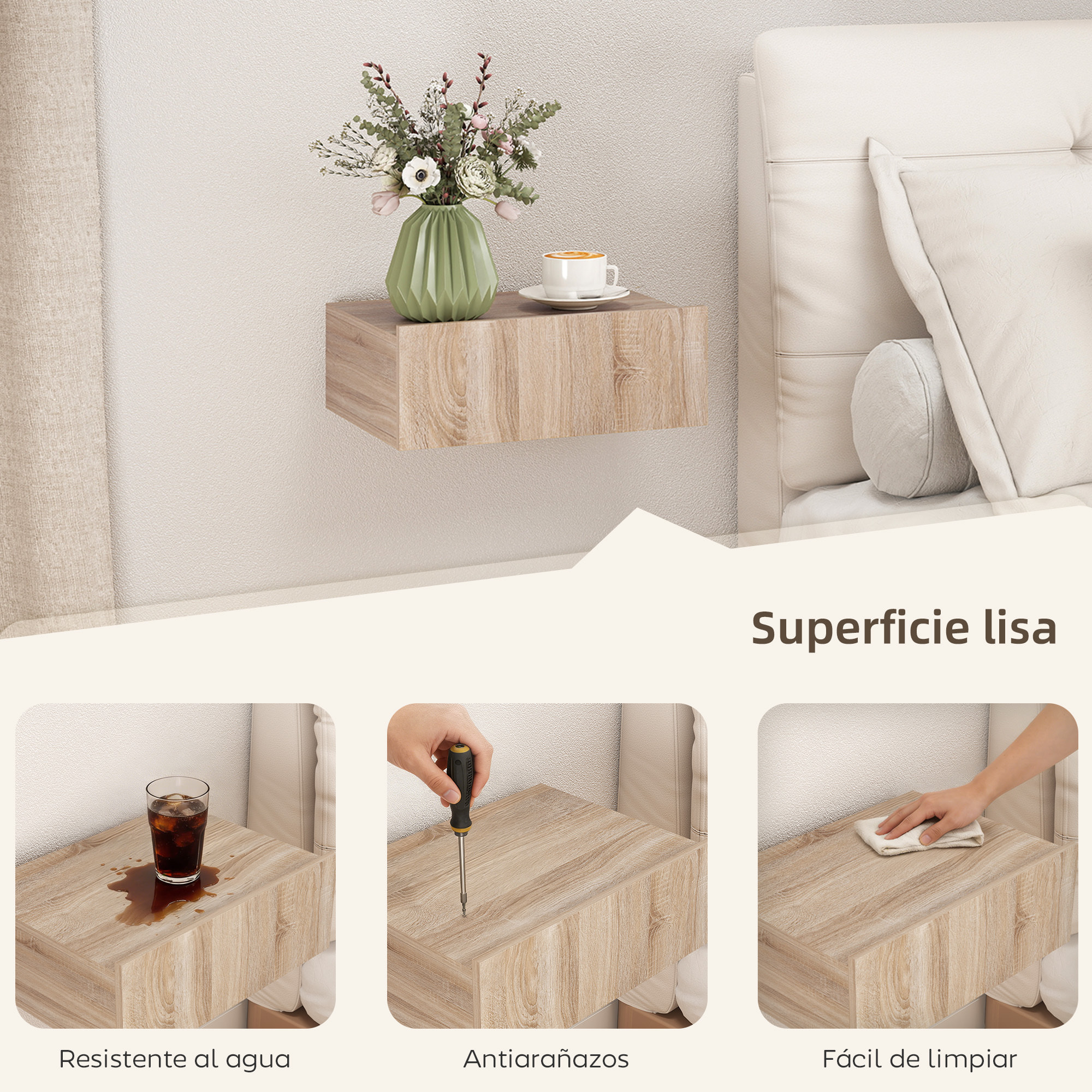 Set de 2 Mesillas de Noche de Pared, Mesitas de Noche Flotantes con 1 Cajón, Mesas Auxiliares para Dormitorio, Habitación Hogar, Diseño Sencillo, 40x30x15 cm, Roble