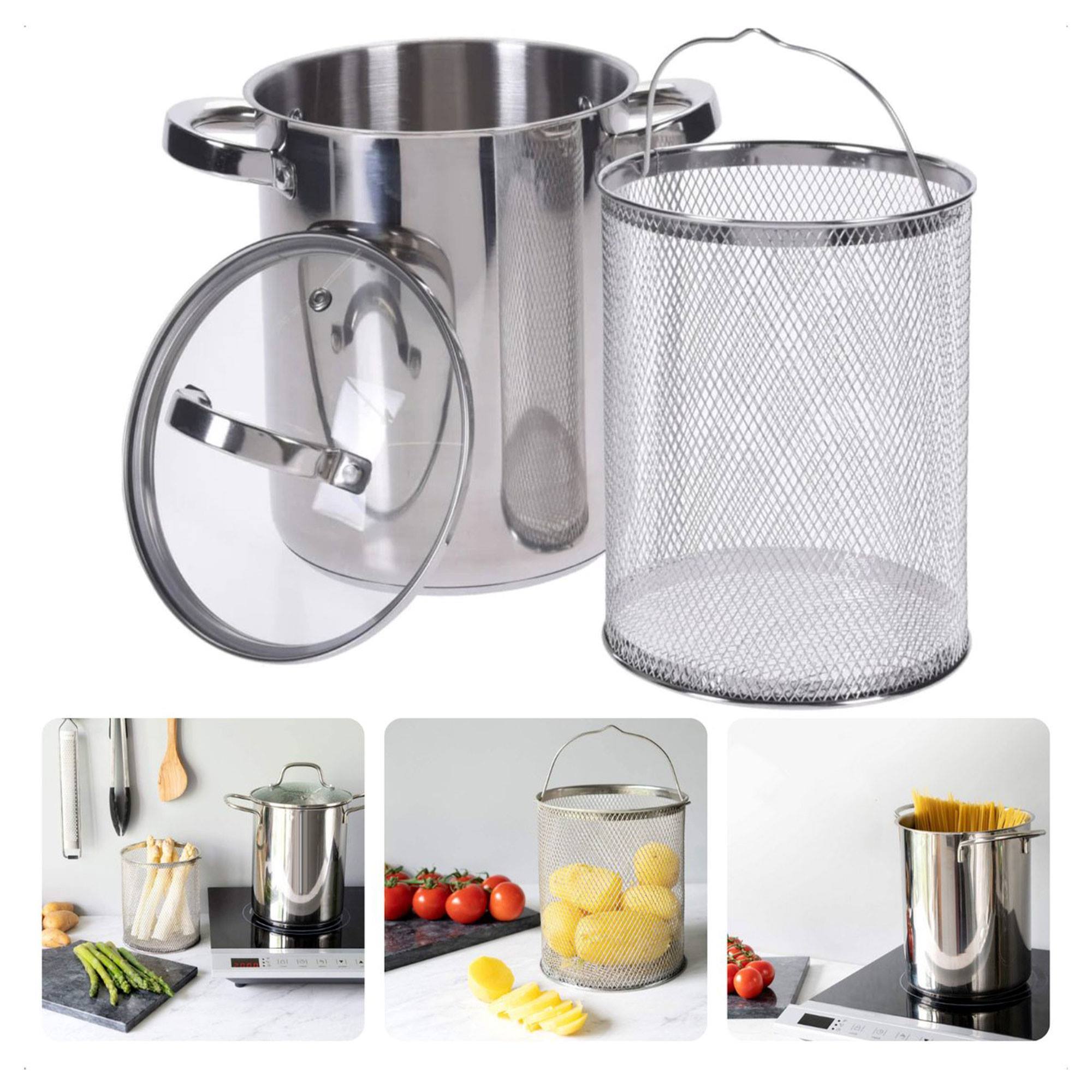 cacerola de espárragos en acero inoxidable ø16x21cm de fondo encapsulado y tapa de cristal