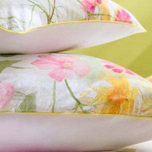 Taie d'oreiller percale de coton lavé 115 g/m² imprimé rose vert Souffle fleuri printemps