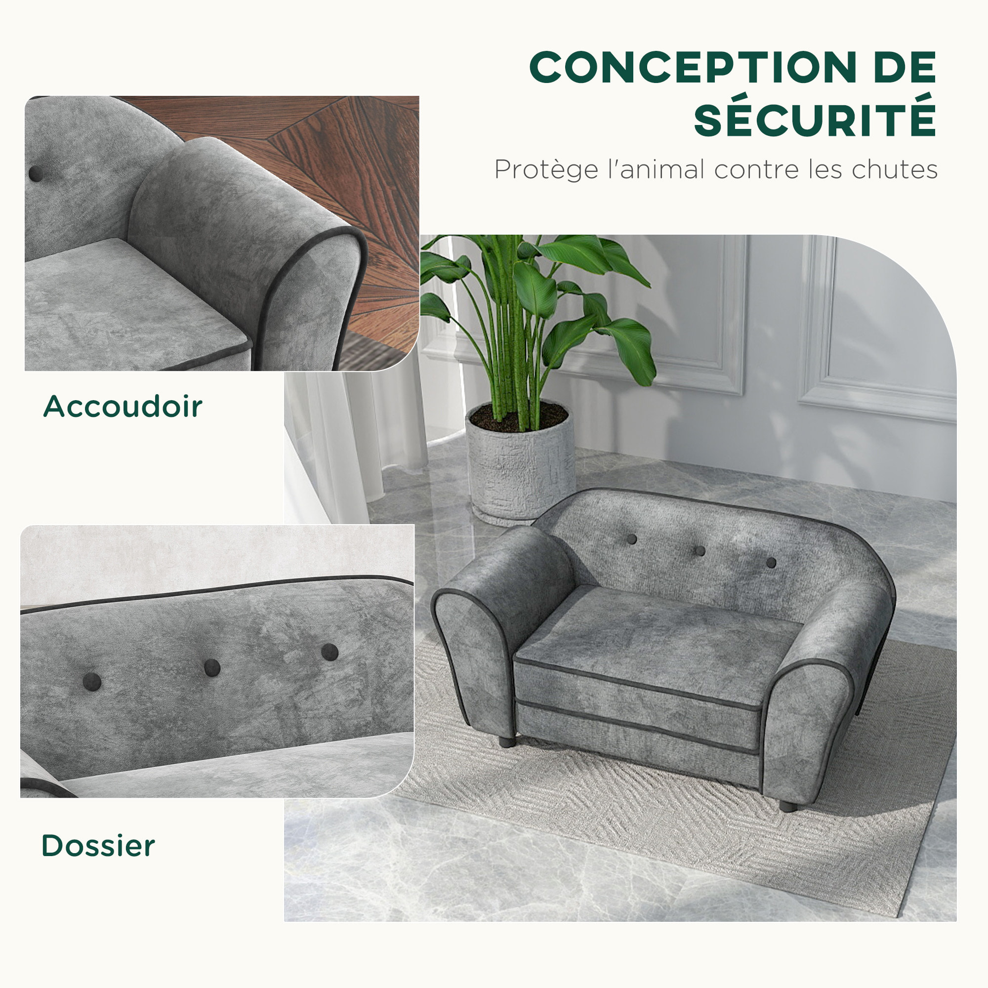 Canapé pour chien design - coussin déhoussable - dim. 74L x 41l x 32,5H cm - velours gris