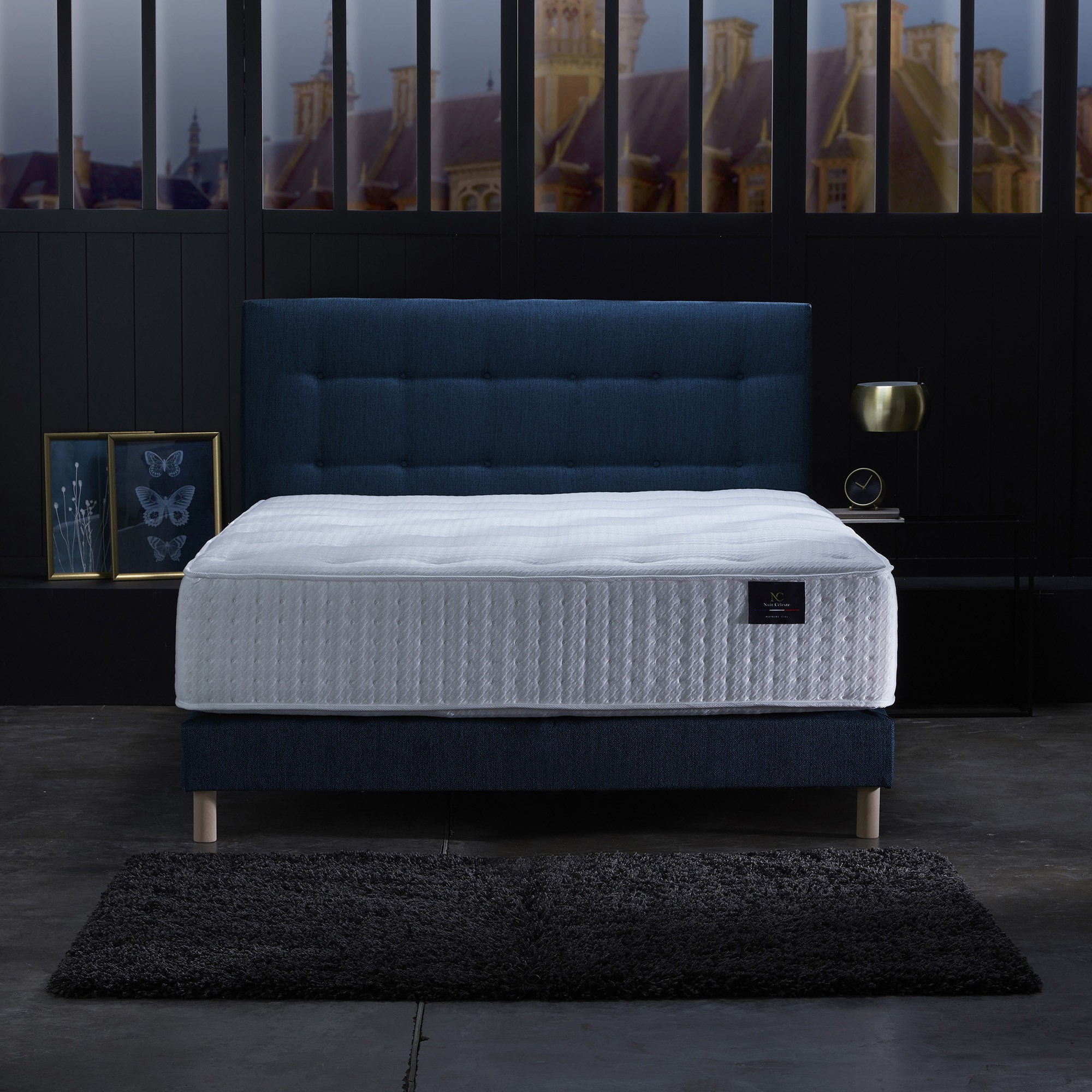 Ensemble Hélios + tête de lit capitonnée - Matelas ressorts ensachés Mémoire de forme Latex - Sommier Bleu Marine