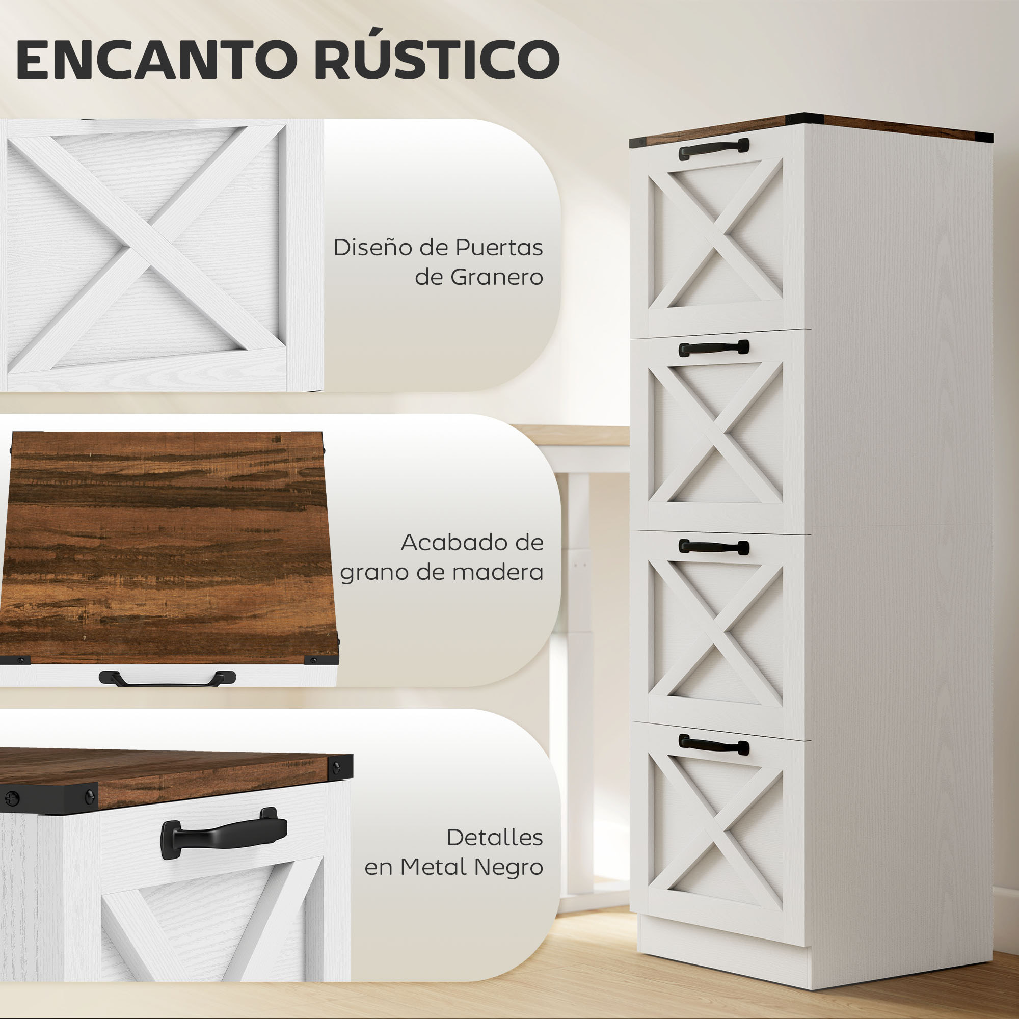 Cajonera Escritorio con 4 Cajones, Cajonera de Oficina, Mueble Archivador, Soporte para Impresora, con Riel Colgante para A4 y Carta, 40x40x131 cm, Blanco