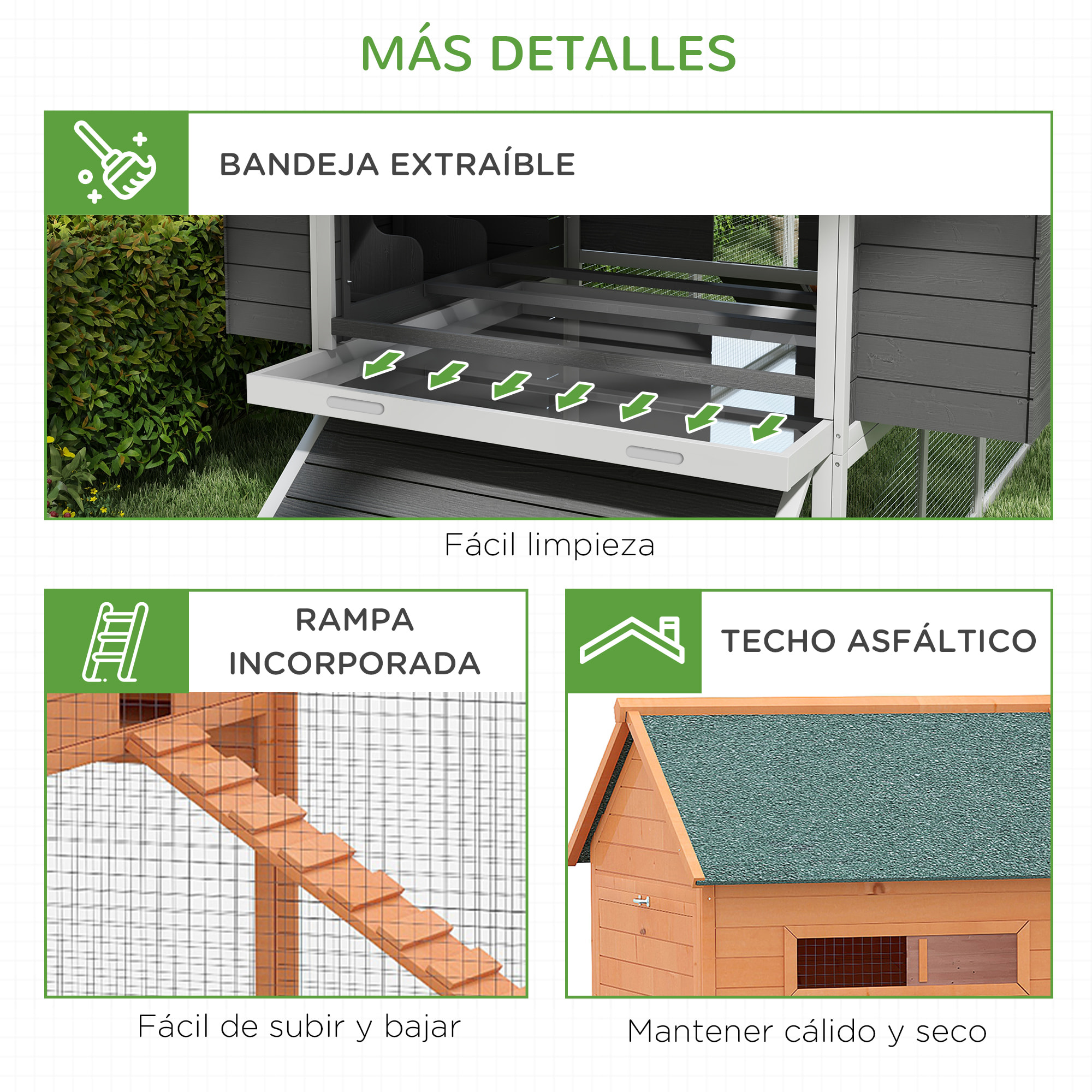 Gallinero para Exterior Gallinero de Madera Jaula Grande para 8-10 Gallinas con 2 Ponederos Techo Asfáltico Bandeja Extraíble y Rampa 347x160x150 cm Gris y Blanco