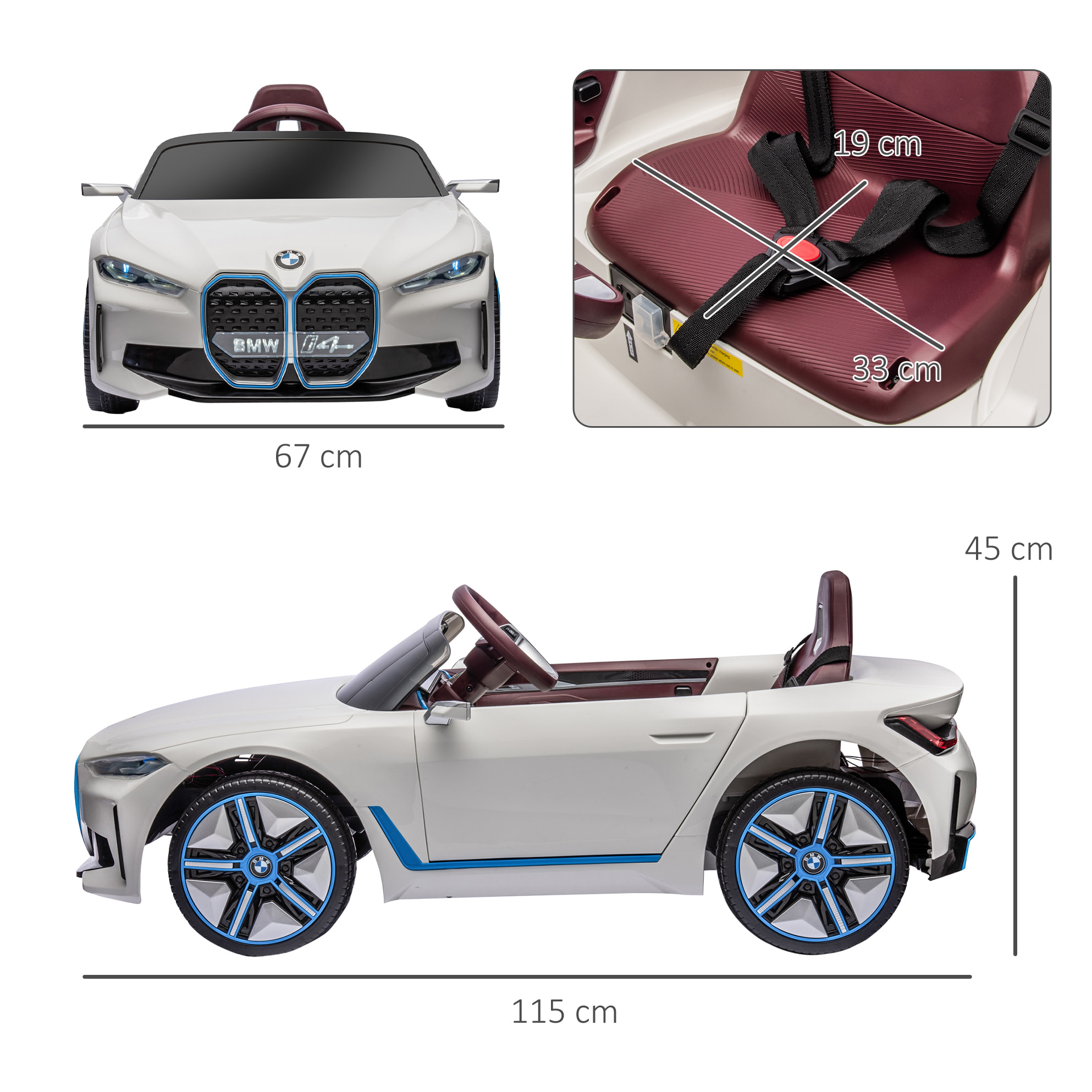 Coche Eléctrico para Niños 37-72 Meses Autorización BMW I4 Coche de Batería 12V con Control Remoto Música MP3 Pantalla Luces y Cinturón de Seguridad 115x67x45 cm Blanco