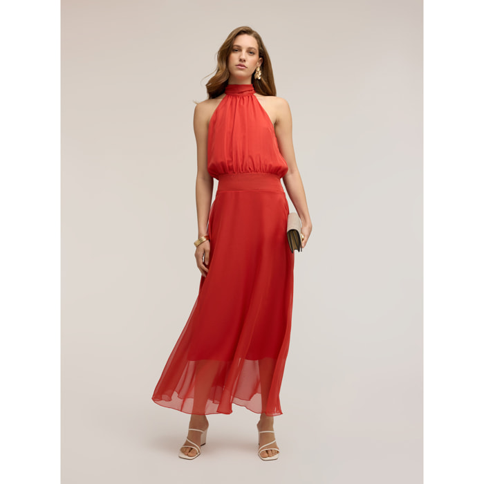 Motivi - Vestido largo en voile con escote halter - Rojo