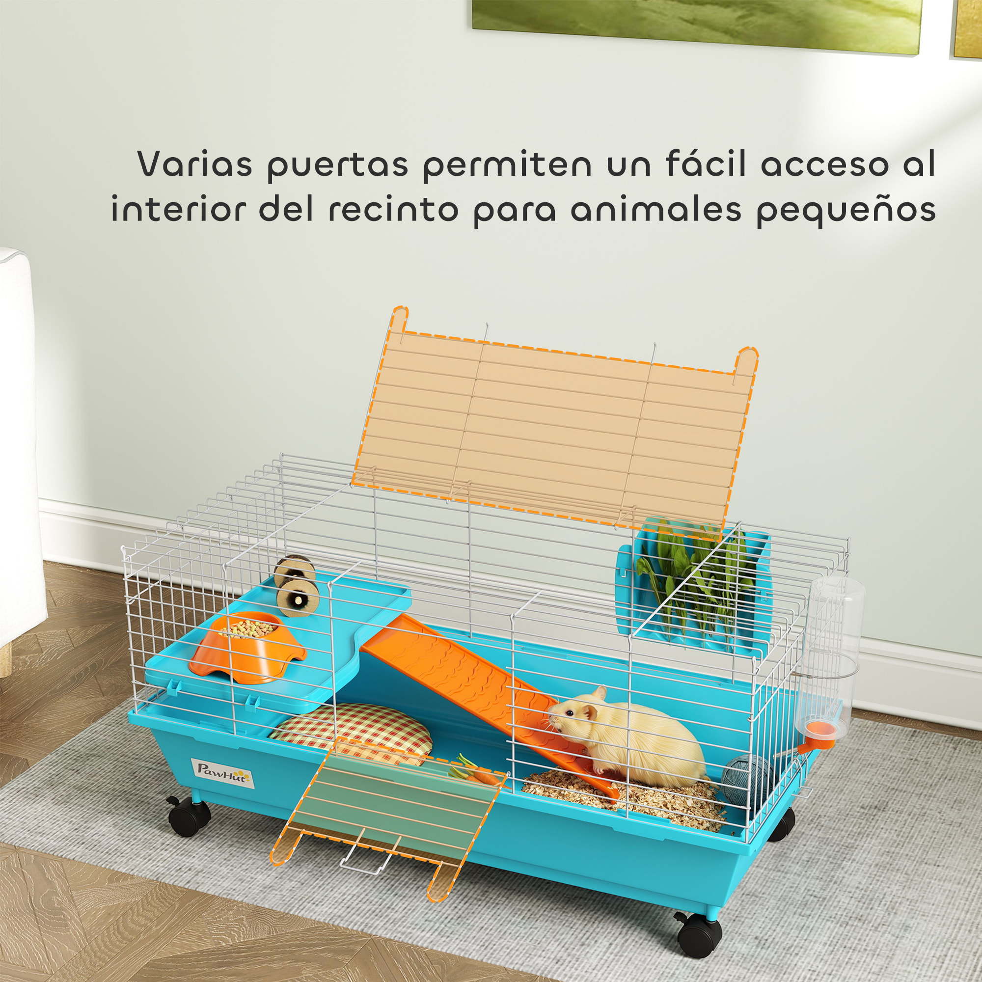 Jaula para Animales Pequeños, Jaula para Roedores con Ruedas, Botella de Agua, Comedero, Dispensador de Heno, Plataforma, Rampa, Bandeja Extraíble, para Conejos y Cobayas, 89x44x43 cm, Azul