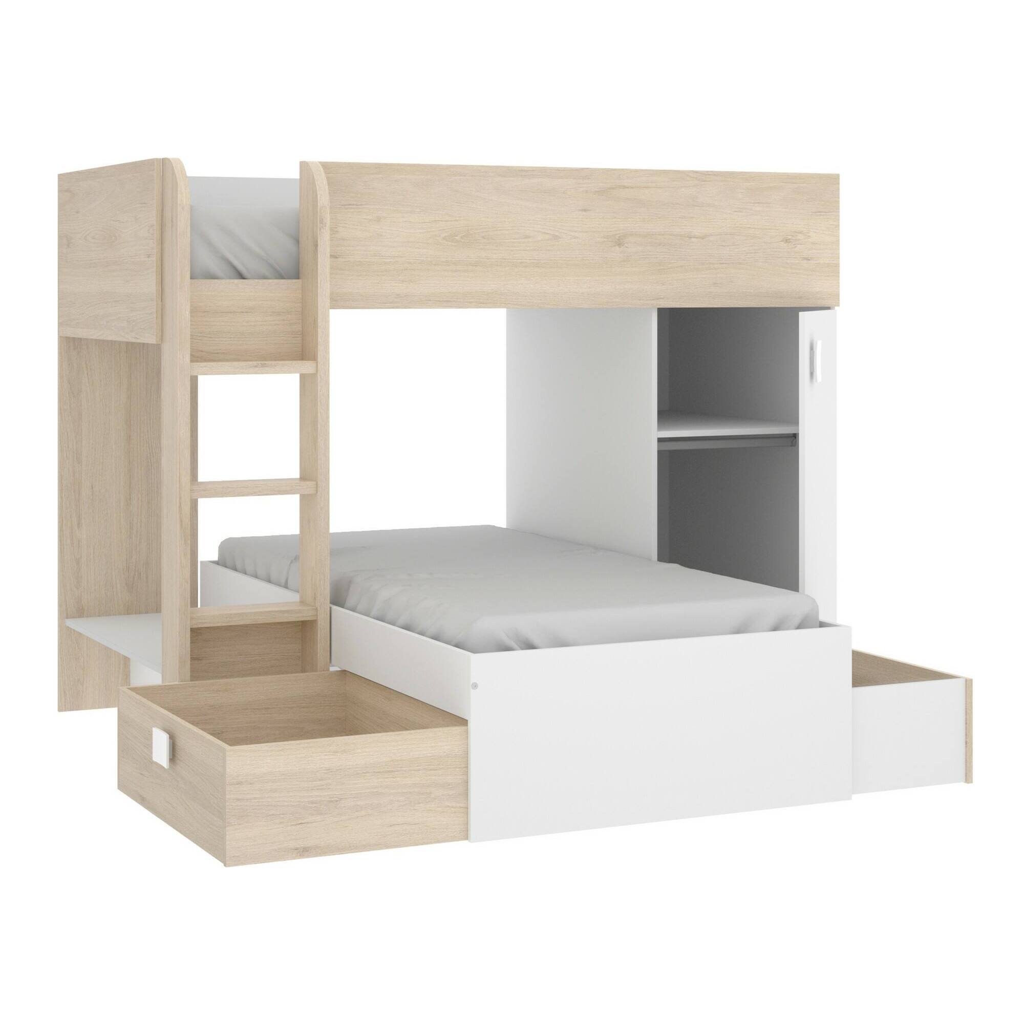 Letto per bambini Marmolada, Cameretta completa con armadio e cassetti, Composizione letto a castello con due lettini singoli, 255x112h150 cm, Bianco e Rovere