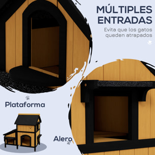 PawHut Casa para Gatos de Madera con Macetero 96x65x85,5 cm Caseta para Gatos de 2 Niveles Refugio para Gatos con Techo Asfáltico Ventana y Múltiples Entradas para Interior y Exterior Natural