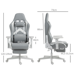 Silla Gaming Silla Gamer Reclinable con Altura Ajustable Reposapiés Retráctil Soporte Lumbar y Reposacabezas Desmontable Silla para Oficina Estudio Gris Claro y Blanco