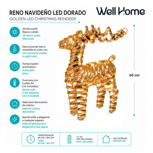 Reno navideño led dorado con 25 microled blanco cálido, con temporizador 20x7x34 cm