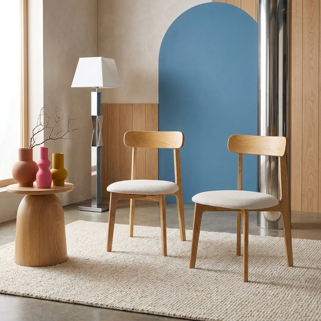 Chaise vintage bois d'hévéa teinte naturelle et tissu texturé (lot de 2) VICTOIRE