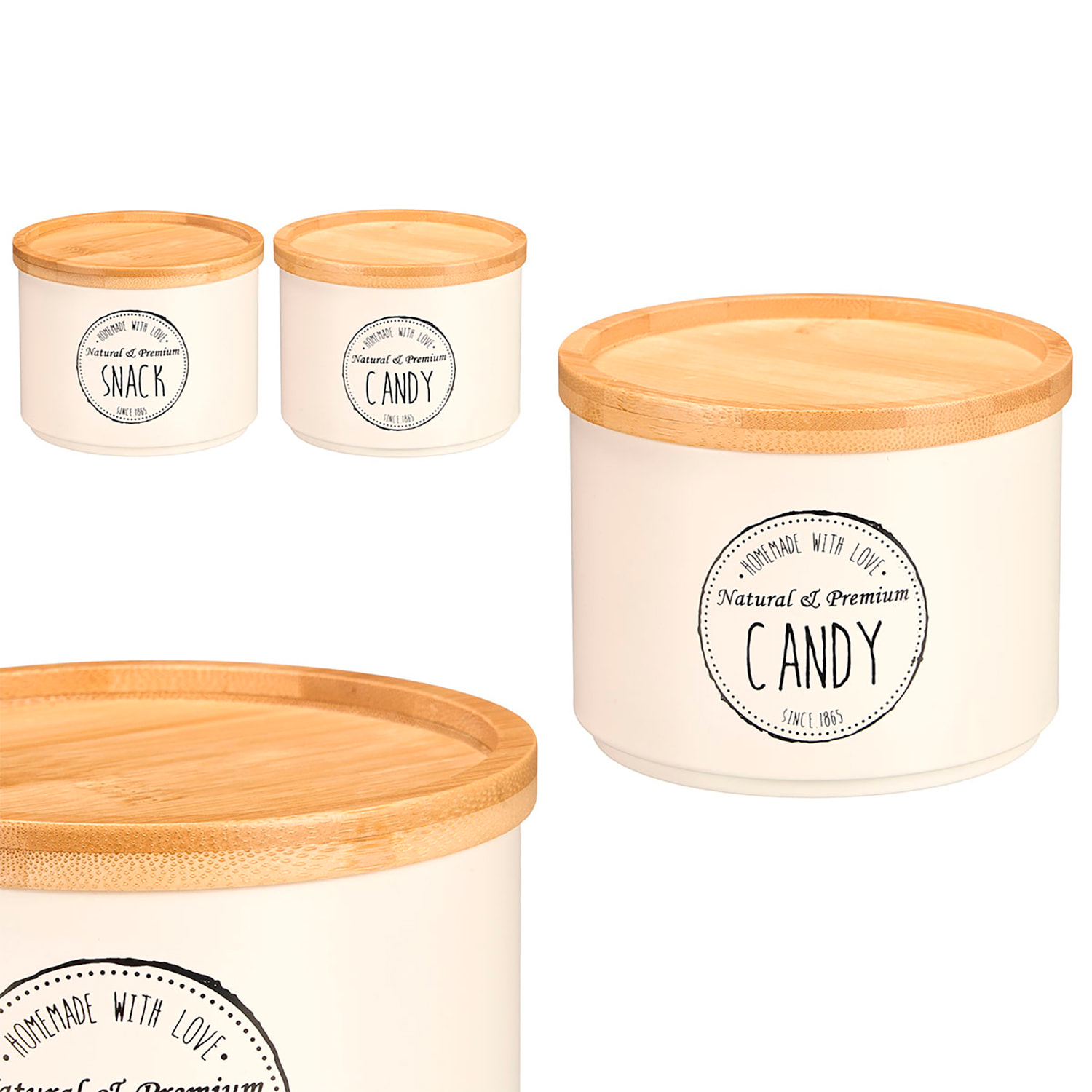 Pack 2 tarros crema apilables con tapa de bambú. Diseños surtidos "Snack" y "Candy".