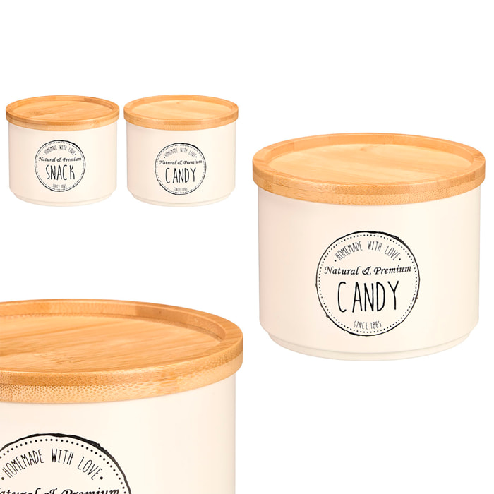 Pack 2 tarros crema apilables con tapa de bambú. Diseños surtidos "Snack" y "Candy".