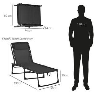Bain de soleil transat pliable dossier inclinable multi-positions acier thermoplastique lacets élastiques noir textilène noir