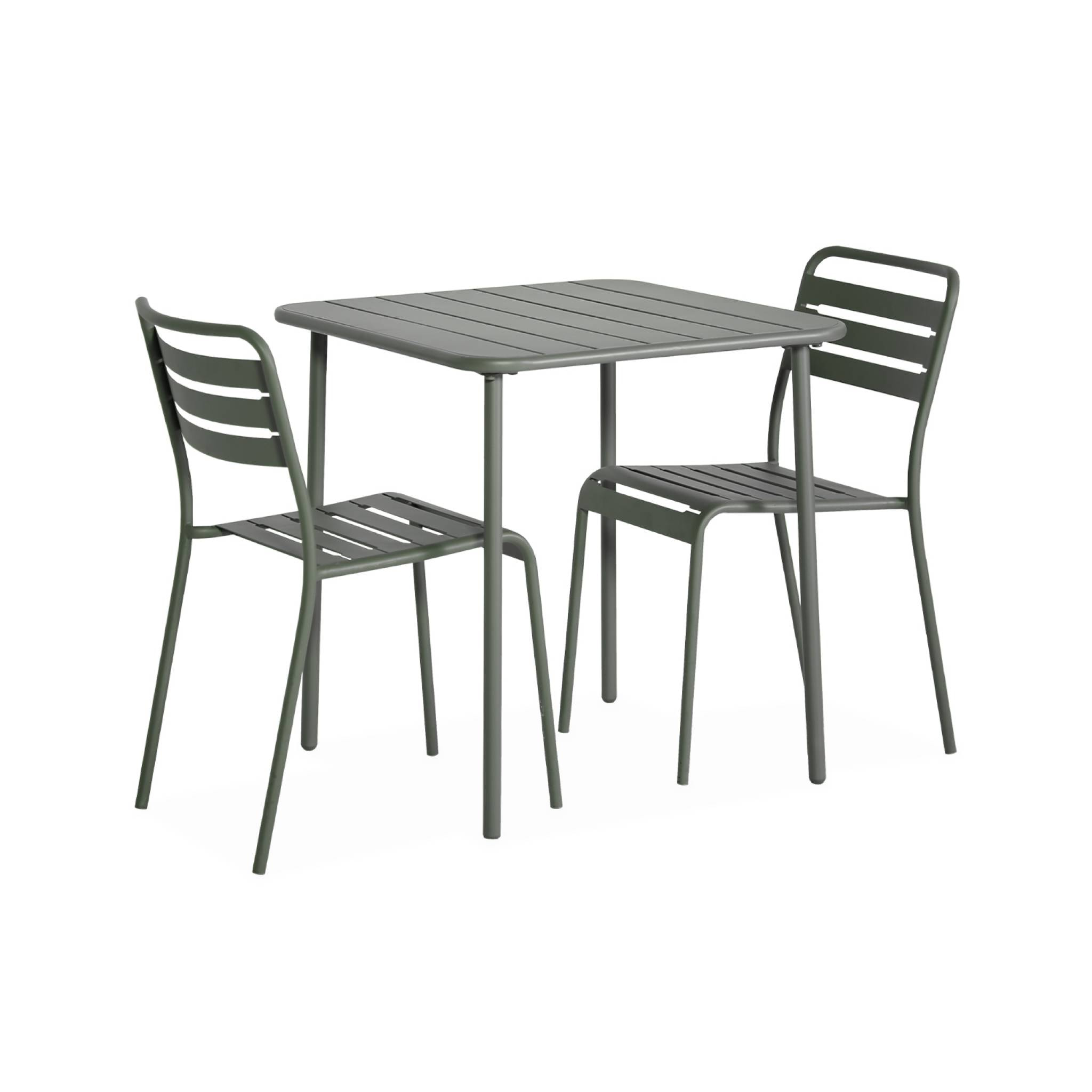 Table de jardin métal 2 places. kaki. Amelia. 70x70cm. traitement antirouille. lattes et bords arrondis