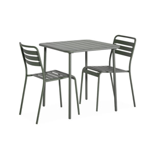Table de jardin métal 2 places. kaki. Amelia. 70x70cm. traitement antirouille. lattes et bords arrondis