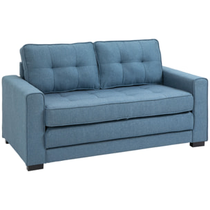 Canapé convertible 2 places design contemporain assise dossier capitonnés polyester aspect lin bleu