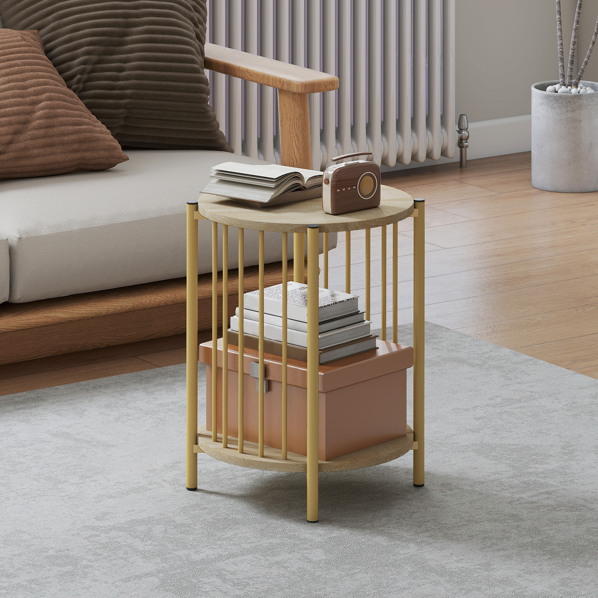 Mesa Auxiliar Redonda de 2 Niveles Mesita Auxiliar Moderno con Estante de Almacenaje y Estructura de Acero para Salón Dormitorio Ø41x49 cm Natural