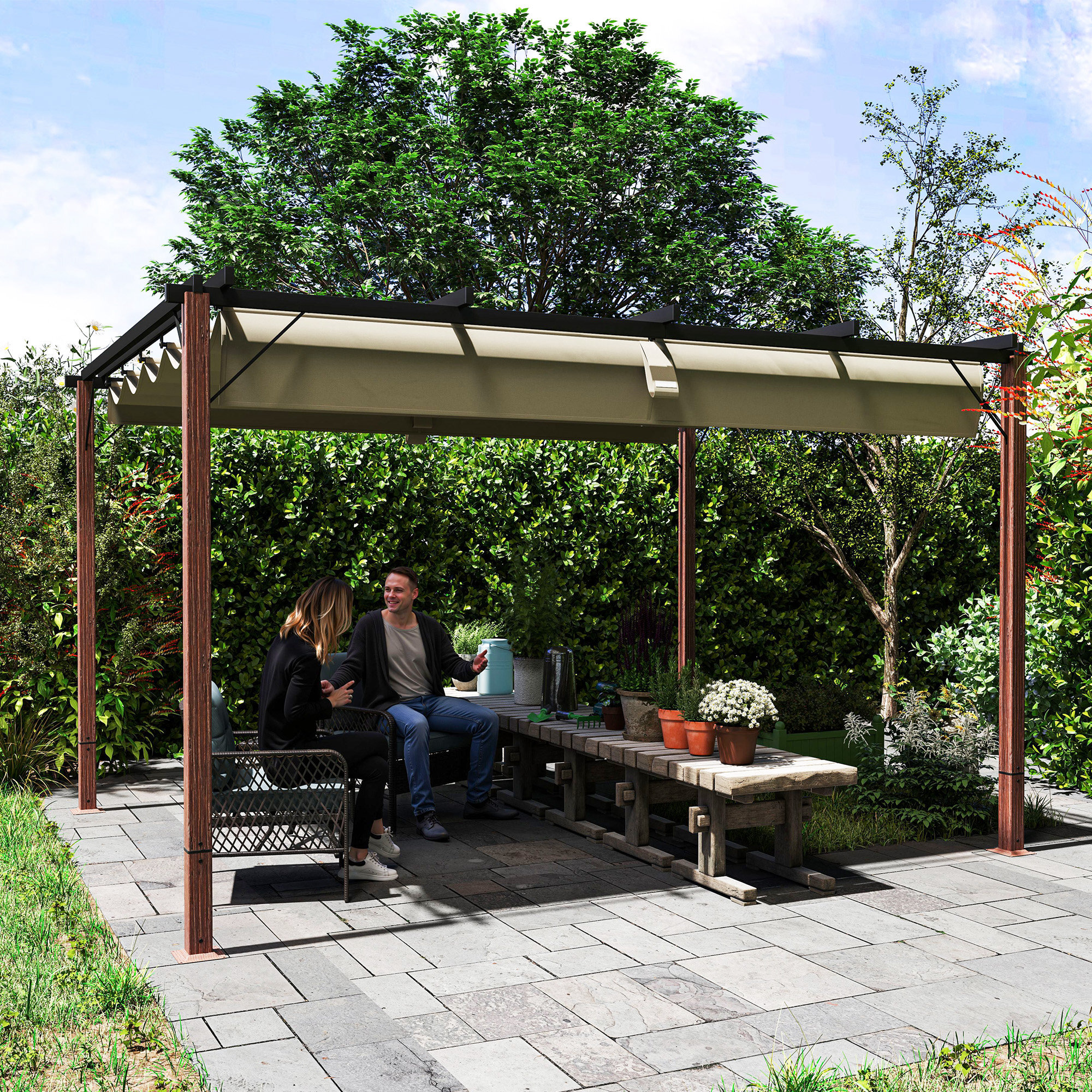 Pérgola con Techo Retráctil Pérgola de Aluminio 4x3 m Cenador con Tela de Poliéster Anti-UV Resistente al Agua Pabellón para Jardín Patio Terraza Exterior Natural y Café
