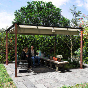 Pérgola con Techo Retráctil Pérgola de Aluminio 4x3 m Cenador con Tela de Poliéster Anti-UV Resistente al Agua Pabellón para Jardín Patio Terraza Exterior Natural y Café