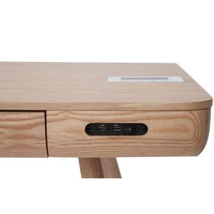 Bureau connecté multimédia  avec tiroir bois clair massif L120 cm CLEVER